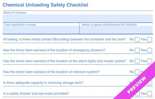 Chemical Unloading Checklist | Excel Template Download | Hourly ...