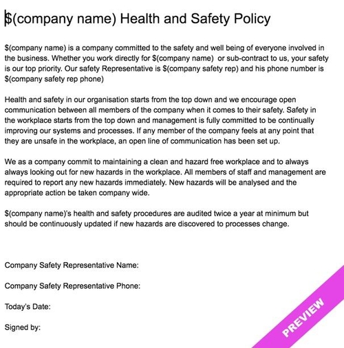 Company Health And Safety Policy Statement Template Hourly Workforce 